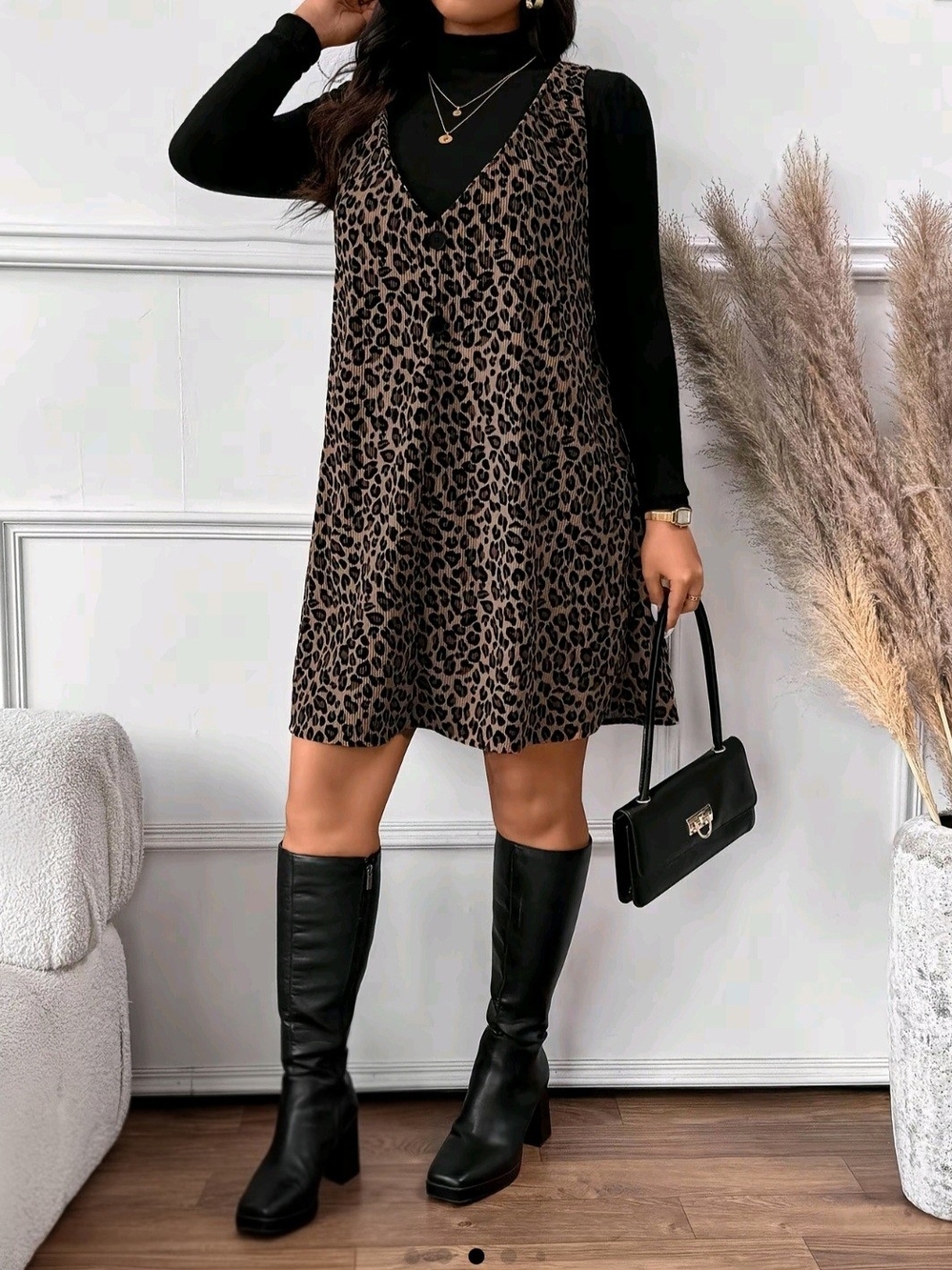 2 Piece Set. Leopard Print Mini Dress - Brown